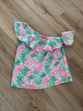 Floral Off-Shoulder Ruffle Top in Aqua and Pink